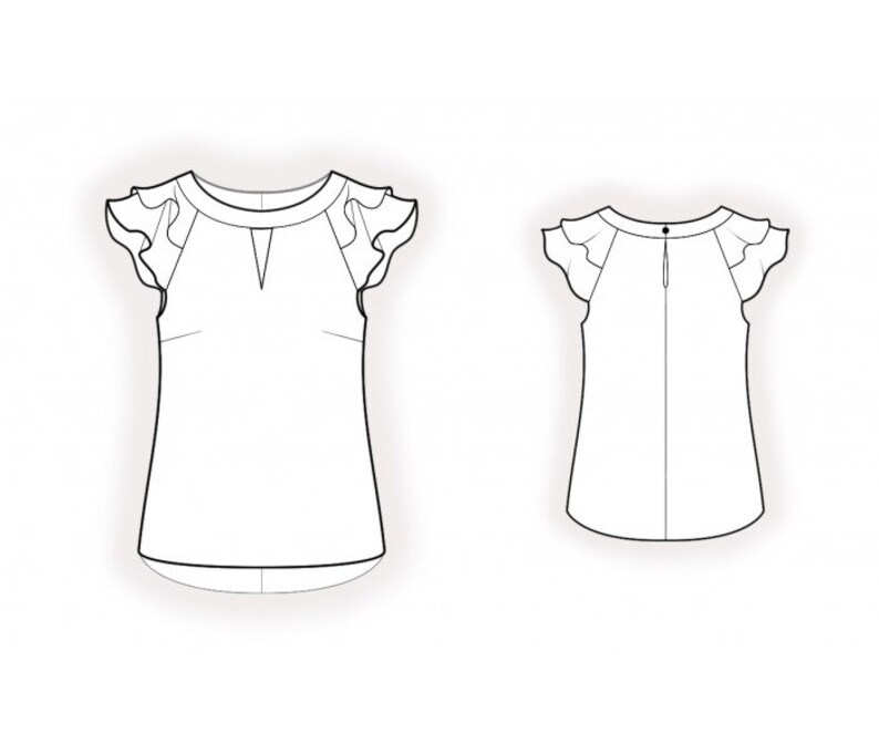 May include: A technical line drawing of a blouse showing front and back views. The blouse features flutter sleeves, a round neckline with a small front slit, and a back closure with a single button and a vertical keyhole opening at the neck.