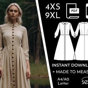 Könnte beinhalten: Ein digitales Schnittmuster für ein langärmeliges Kleid mit Knopfleiste und Peter-Pan-Kragen. Das Schnittmuster ist in den Größen 4XS bis 9XL erhältlich und kann sofort heruntergeladen werden. Das Schnittmuster ist auch in den Formaten A4/A0 erhältlich. Das Schnittmuster ist maßgeschneidert und bei Sewist erhältlich.