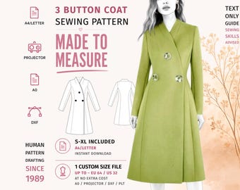 Op de afbeelding: Een naaipatroon voor een limoengroene jas met drie knopen en een V-hals. De afbeelding bevat de tekst: 3 BUTTON COAT SEWING PATTERN, MADE TO MEASURE, S-XL INCLUDED, 1 CUSTOM SIZE FILE UP TO EU 64 / US 32, HUMAN PATTERN DRAFTING SINCE 1989.