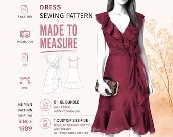 May include: A burgundy wrap dress with ruffled sleeves and a tie waist. The image includes text: DRESS SEWING PATTERN, MADE TO MEASURE, A4/LETTER, PROJECTOR, A0, DXF, HUMAN PATTERN DRAFTING SINCE 1989, S-XL BUNDLE, INSTANT DOWNLOAD, 1 CUSTOM SIZE FILE.