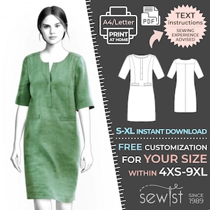 Op de afbeelding: Een groene linnen jurk met korte mouwen en een V-hals wordt getoond op een model. De afbeelding bevat een naaipatroon met instructies, een PDF-download en de tekst "S-XL Instant Download" en "Free customization for your size within 4XS-9XL."