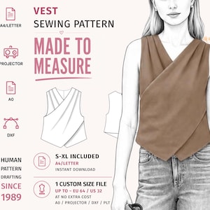 Asymmetrical Wrap Vest Sewing Pattern PDF · Draped Sleeveless Blouse · S–XL + Custom Size