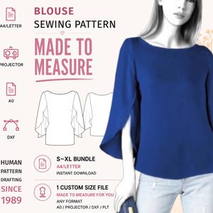 May include: A digital sewing pattern for a blouse featuring a royal blue top with wide, flowing sleeves. The graphic includes text reading BLOUSE SEWING PATTERN, MADE TO MEASURE, and S-XL BUNDLE, along with icons for A4/LETTER, PROJECTOR, A0, and DXF formats.