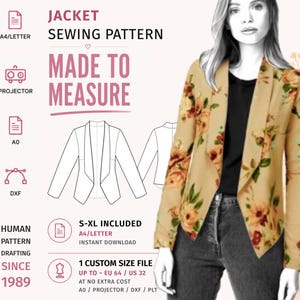 Könnte beinhalten: Ein Jacken-Schnittmuster mit einem beigen Blazer mit Blumenmuster. Die Grafik enthält den Text: JACKET SEWING PATTERN, MADE TO MEASURE, S-XL INCLUDED, 1 CUSTOM SIZE FILE UP TO EU 64 / US 32, HUMAN PATTERN DRAFTING SINCE 1989, und TEXT ONLY GUIDE.