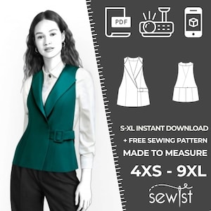 2519 Vest Sewing Pattern PDF Download, S-M-L-XL or Free Made to Measure Personalization, Royalty Free Personal or Commercial Use