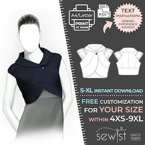 Op de afbeelding: Een printbaar naaipatroon voor een getailleerd, geknoopt vest met kraag en korte mouwen. Het patroon is verkrijgbaar in de maten S-XL en 4XS-9XL. Het patroon is direct te downloaden en bevat tekstuele instructies. Naai-ervaring wordt aanbevolen.