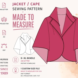 Pode incluir: Um molde de costura para jaqueta ou capa com o texto JACKET / CAPE SEWING PATTERN, MADE TO MEASURE, S-XL BUNDLE e HUMAN PATTERN DRAFTING SINCE 1989. O gráfico exibe uma ilustração de jaqueta rosa e um desenho de linha em preto e branco.