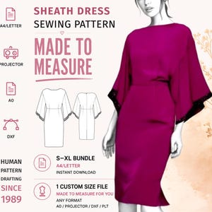 May include: A sewing pattern for a sheath dress with wide sleeves and lace trim. The text reads: Sheath Dress Sewing Pattern, Made to Measure, A4/Letter, Projector, A0, DXF, Human Pattern Drafting Since 1989, S-XL Bundle, Instant Download, 1 Custom Size File.