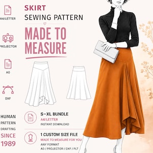 Könnte beinhalten: Ein Rock-Schnittmuster mit dem Text SKIRT SEWING PATTERN, MADE TO MEASURE und S-XL BUNDLE. Die Illustration zeigt eine Person in einem langen, rostfarbenen Rock mit hoher Taille und einem ausgestellten, asymmetrischen Saumverlauf.