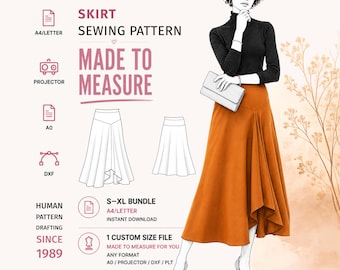 May include: A digital sewing pattern for a skirt, featuring text that reads SKIRT SEWING PATTERN, MADE TO MEASURE, and S-XL BUNDLE. The illustration shows a person wearing a long, orange, flared skirt with a black turtleneck and a white clutch.