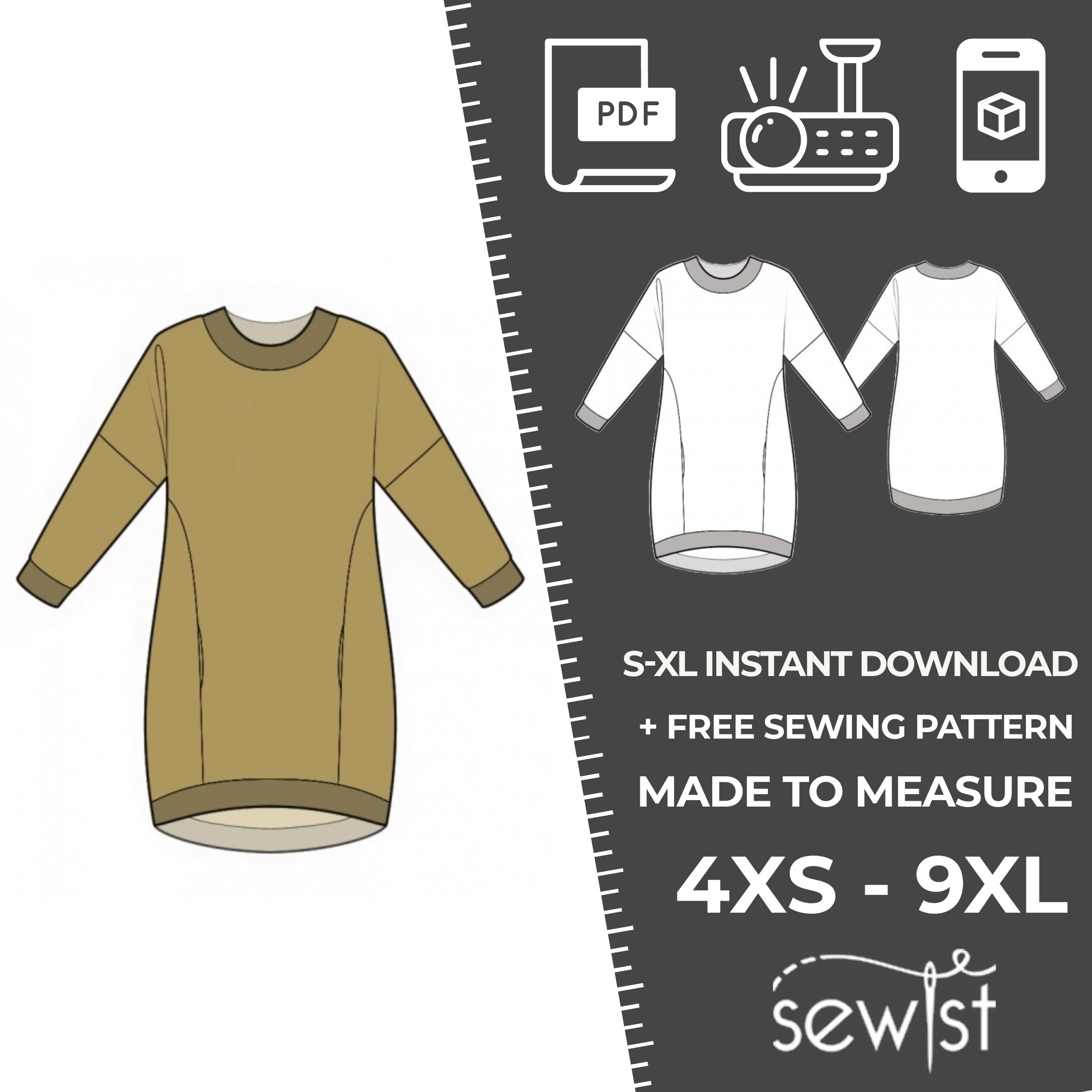 2037 Sweatshirt Sewing Pattern PDF S-M-L-XL or Made to Measure