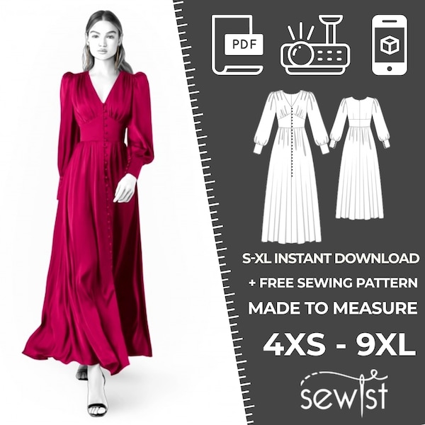 2398 Patron de couture de robe pour femmes PDF - S, M, L, XL / Taille personnalisée - Mariage élégant, Bureau, Robe d'été, Guide simple, Grandes tailles Petite-Tall