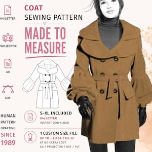 May include: A digital sewing pattern for a double-breasted coat with a large collar and gathered sleeves. The image displays text including COAT SEWING PATTERN, MADE TO MEASURE, S-XL INCLUDED, and 1 CUSTOM SIZE FILE UP TO EU 64 / US 32.