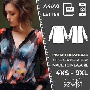 Könnte beinhalten: Eine digitale Illustration eines Damenblouses mit langen Ärmeln und V-Ausschnitt. Die Illustration ist in Schwarzweiß und zeigt die Vorder- und Rückseite des Blouses. Der Text "INSTANT DOWNLOAD + FREE SEWING PATTERN MADE TO MEASURE 4XS - 9XL sewist" befindet sich unterhalb der Illustration.