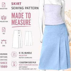 May include: A light blue skirt sewing pattern featuring a side button closure and pleated detail. The digital file includes A4, Letter, A0, and projector formats, with a custom size option available in an S-XL bundle for human pattern drafting.