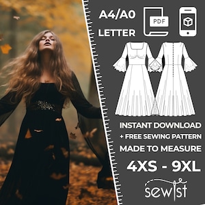 May include: A woman in a long black dress with flowing sleeves stands in a forest setting. The image includes a sewing pattern diagram and text that reads "A4/A0 LETTER", "INSTANT DOWNLOAD + FREE SEWING PATTERN", and "MADE TO MEASURE 4XS - 9XL".