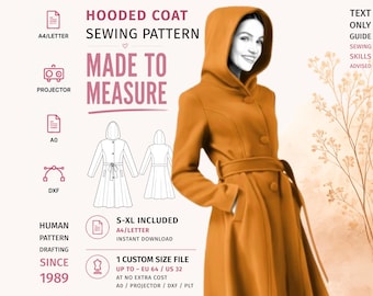May include: A digital sewing pattern for a hooded coat, featuring text including HOODED COAT SEWING PATTERN, MADE TO MEASURE, S-XL INCLUDED, and 1 CUSTOM SIZE FILE. The image displays a mustard-colored coat with a hood and belt, alongside technical line drawings of the garment and various file format icons for A4, Letter, A0, and projector use.