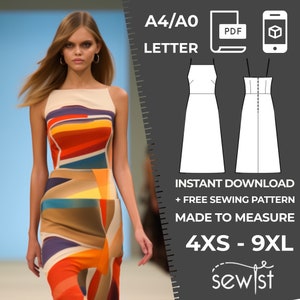 Könnte beinhalten: Ein digitales Schnittmuster für ein ärmelloses Kleid mit geradem Rock. Das Schnittmuster ist in den Größen 4XS bis 9XL erhältlich und kann sofort heruntergeladen werden. Das Schnittmuster ist maßgeschneidert und enthält Anweisungen zum Nähen des Kleides.