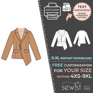 May include: A tan blazer sewing pattern with an asymmetrical design. The pattern includes front and back views, and a line drawing. Text on the image includes "A4/Letter PRINT AT HOME PDF TEXT instructions SEWING EXPERIENCE ADVISED".