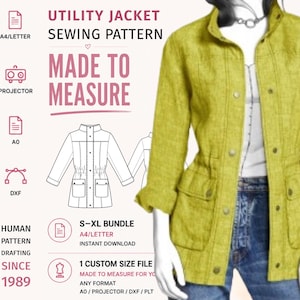Op de afbeelding: Een limoengroen utility-jack met een opstaande kraag, lange mouwen en voorzakken. De tekst luidt UTILITY JACKET SEWING PATTERN, MADE TO MEASURE, A4/LETTER, PROJECTOR, A0, DXF, HUMAN PATTERN DRAFTING SINCE 1989, S-XL BUNDLE, INSTANT DOWNLOAD.
