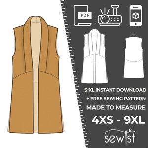 2219 Waistcoat Sewing Pattern PDF Download, S-M-L-XL or Free Made to Measure Personalization, Royalty Free Personal or Commercial Use