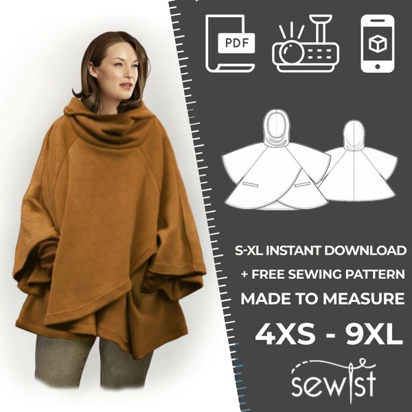 Lekala 5798 - Poncho Sewing Pattern PDF Download, S-M-L-XL or Free Made to Measure Personalization, Royalty Free Personal or Commercial Use