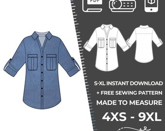 2391 Denim Shirt Sewing Pattern PDF Download, S-M-L-XL or Free Made to Measure Personalization, Royalty Free Personal or Commercial Use