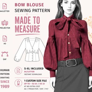 May include: A sewing pattern for a bow blouse featuring a maroon long-sleeved shirt with a tie-neck, button-down front, and gathered sleeves. The graphic includes text: BOW BLOUSE SEWING PATTERN, MADE TO MEASURE, S-XL INCLUDED, and 1 CUSTOM SIZE FILE.