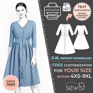 Könnte beinhalten: Ein digitales Schnittmuster für ein blaues, gepunktetes Kleid mit Knopfleiste. Das Schnittmuster ist in den Größen S-XL erhältlich und kann für die Größen 4XS-9XL angepasst werden. Das Schnittmuster ist ein sofortiger Download und enthält Textanweisungen. Näherfahrung wird empfohlen.