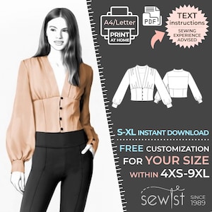 2394 PDF Blouse Sewing Pattern - S-M-L-XL or Made to Measure Sewing Pattern PDF Download