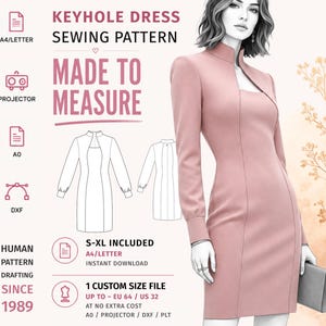 Op de afbeelding: Een naaipatroon voor een keyhole-jurk met een roze jurk met lange mouwen, een hoge kraag en een keyhole-uitsnijding. De afbeelding bevat de tekst: KEYHOLE DRESS SEWING PATTERN, MADE TO MEASURE, S-XL INCLUDED, 1 CUSTOM SIZE FILE UP TO EU 64.