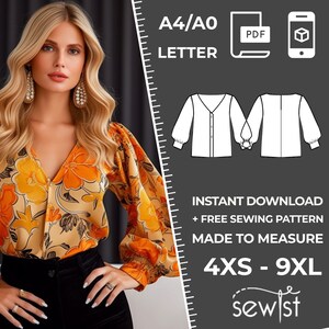 Könnte beinhalten: Ein digitales Schnittmuster für eine langärmelige Bluse mit V-Ausschnitt und Knopfleiste. Das Schnittmuster ist in den Größen 4XS bis 9XL erhältlich und kann sofort heruntergeladen werden. Das Schnittmuster ist in den Formaten A4, A0 und Letter verfügbar. Das Schnittmuster ist auch im PDF-Format erhältlich. Das Schnittmuster ist maßgeschneidert.