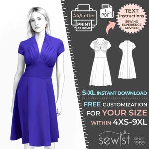 Könnte beinhalten: Ein digitales Schnittmuster für ein blaues Kleid mit V-Ausschnitt und kurzen Ärmeln. Das Schnittmuster ist zum Download in den Größen S-XL erhältlich und kann für die Größen 4XS-9XL angepasst werden. Das Schnittmuster enthält Anleitungen und wird für Näher mit Erfahrung empfohlen.