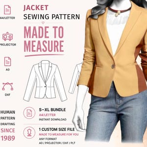 Puede incluir: Un patrón de costura de chaqueta con un blazer color canela con paneles laterales marrones, mostrado en un maniquí con jeans azules. El texto incluye JACKET SEWING PATTERN, MADE TO MEASURE, S-XL BUNDLE y HUMAN PATTERN DRAFTING SINCE 1989, con iconos para A4/LETTER, PROJECTOR, A0 y DXF.