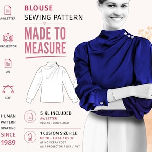 Könnte beinhalten: Ein Schnittmuster für eine langärmelige Bluse mit hohem Ausschnitt und Knopfdetails. Das Bild enthält Text wie BLOUSE SEWING PATTERN, MADE TO MEASURE, S-XL INCLUDED und 1 CUSTOM SIZE FILE UP TO EU 64 / US 32 sowie Symbole für A4/LETTER, PROJECTOR, A0 und DXF.