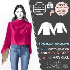 May include: A digital sewing pattern for a long-sleeved blouse with a high neck and a gathered detail at the neckline. The pattern is available in sizes S-XL and can be customized for sizes 4XS-9XL. The pattern is available for instant download and includes text instructions. Sewing experience is advised.