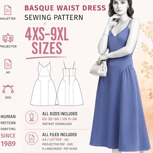 Puede incluir: Un patrón de costura para un vestido con cintura vasca con el texto BASQUE WAIST DRESS SEWING PATTERN 4XS-9XL SIZES. La imagen muestra un vestido azul con tirantes finos, un dibujo lineal de la prenda e iconos de formatos de archivo.