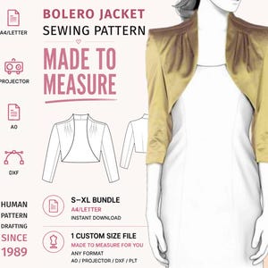 May include: A digital sewing pattern for a bolero jacket, featuring text that reads BOLERO JACKET SEWING PATTERN, MADE TO MEASURE, S-XL BUNDLE, and HUMAN PATTERN DRAFTING SINCE 1989. The image displays a gold bolero jacket with three-quarter sleeves.