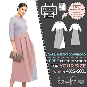 Könnte beinhalten: Eine Frau trägt ein farbblockiertes Midikleid in Grau und Staubrosa. Das Kleid hat einen hohen Ausschnitt, Dreiviertelärmel und einen plissierten Rock. Das Bild enthält ein Schnittmusterdiagramm und den Text "S-XL Instant Download" und "Free customization for your size within 4XS-9XL."