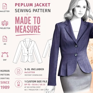 May include: A peplum jacket sewing pattern featuring a digital illustration of a pinstriped blazer with two buttons and a flared waist. The graphic includes text labels for A4, Letter, A0, and DXF file formats, plus sizing information from S to XL.
