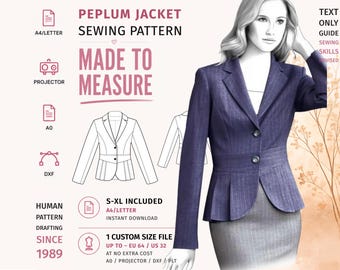Puede incluir: Un patrón de costura para chaqueta con volante que muestra una ilustración digital de un blazer a rayas con dos botones y cintura acampanada. El gráfico incluye etiquetas para formatos A4, Letter, A0 y DXF, además de tallas de S a XL.