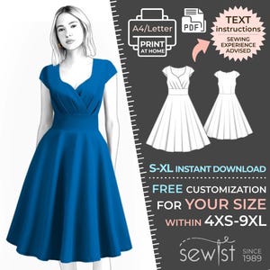Könnte beinhalten: Ein digitales Schnittmuster für ein blaues Wickelkleid mit V-Ausschnitt und kurzen Ärmeln. Das Schnittmuster ist in den Größen S-XL erhältlich und kann für die Größen 4XS-9XL angepasst werden. Das Schnittmuster ist ein sofortiger Download und enthält Textanweisungen. Näherfahrung wird empfohlen.