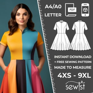 Op de afbeelding: Een digitaal naaipatroon voor een kleurrijke jurk met een getailleerd lijfje en een volle rok. Het patroon is verkrijgbaar in de maten 4XS tot 9XL en bevat instructies voor het maken van de jurk. Het patroon is beschikbaar voor directe download in PDF-formaat.