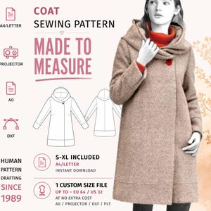 Könnte beinhalten: Ein Schnittmuster für einen Mantel mit Kapuze, mit dem Text COAT SEWING PATTERN, MADE TO MEASURE, A4/LETTER, PROJECTOR, A0, DXF, HUMAN PATTERN DRAFTING SINCE 1989, S-XL INCLUDED, und 1 CUSTOM SIZE FILE UP TO EU 64 / US 32.