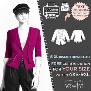 May include: A digital sewing pattern for a pink blazer with a V-neck and three-quarter sleeves. The pattern is available in sizes S-XL and can be customized for sizes 4XS-9XL. The pattern is an instant download and includes text instructions.  "A4/Letter PDF PRINT AT HOME" and "TEXT instructions SEWING LEVEL ADVANCED" are printed on the image.