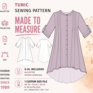 Pintuck Tunic Pattern · Button Front High Low Top · S–XL + Custom Size