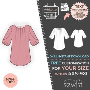 2341 Blouse, Top Sewing Pattern PDF - S-M-L-XL or Made to Measure Sewing Pattern PDF Download Royalty Free for Personal, Commercial Use