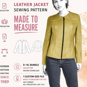 Leather Jacket Sewing Pattern PDF · Fitted Collarless Zip Jacket · S–XL + Custom Size