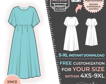 2343  Women's Dress Sewing Pattern PDF - S,M,L,XL / Custom Size - Wedding, Prom, Office, Summer, Party, Simple Guide, Plus Sizes Petite-Tall