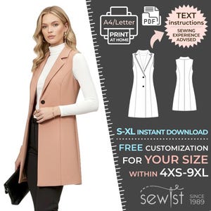 2675 Long Vest Women Sewing Pattern S-M-L-XL A4/Letter PDF Download + 1 Made to Measure In Your Size/Format